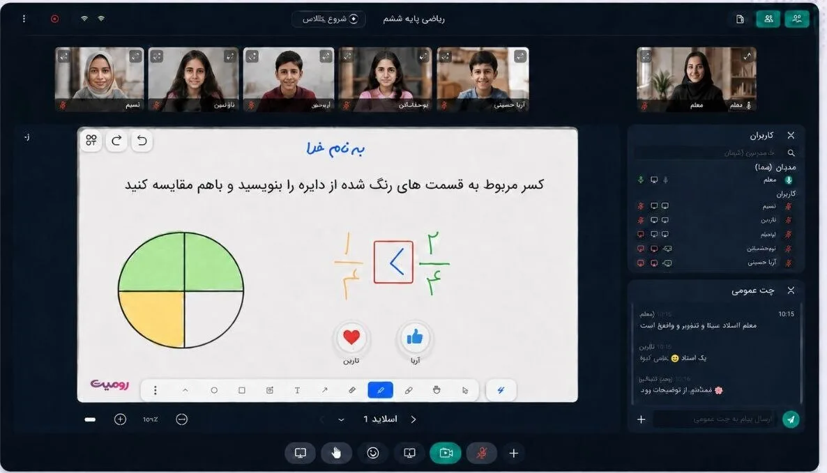 محیط کلاس آنلاین رومیت با تخته تعاملی، تصاویر شرکتکنندگان و ابزارهای مدیریت جلسه